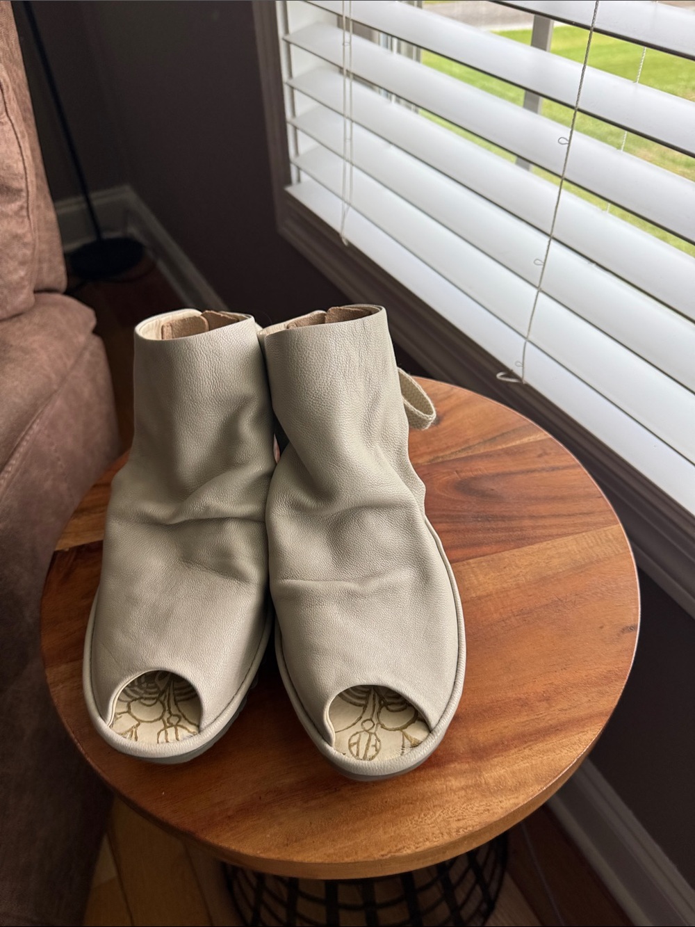 Fly London Beige Open-Toe Ankle Booties